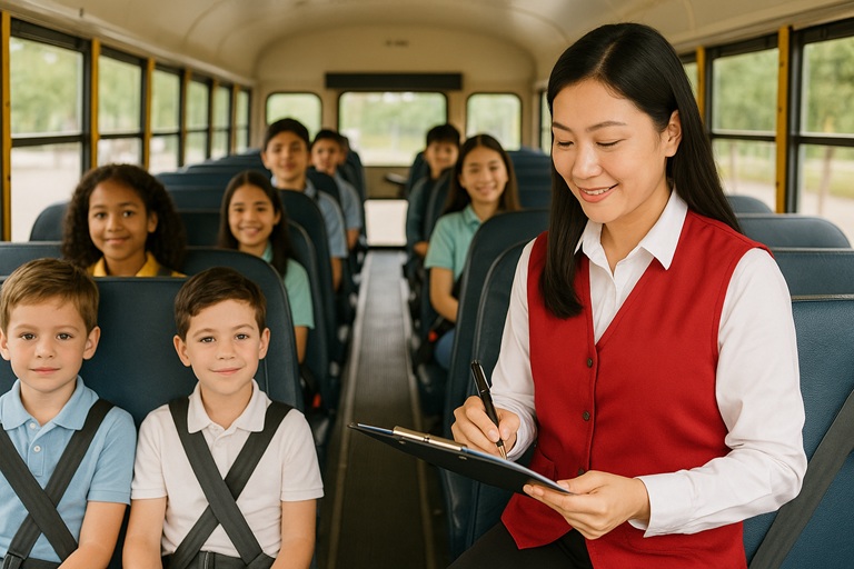 học sinh ngồi có dây an toàn, giám sát viên kiểm tra danh sách