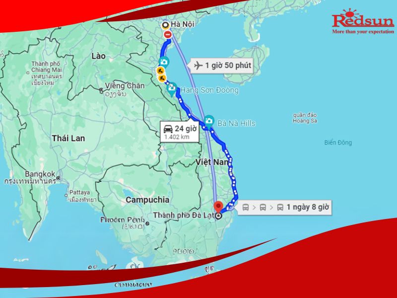 Bản đồ hành trình thuê xe 16 chỗ từ Hà Nội đến Đà Lạt